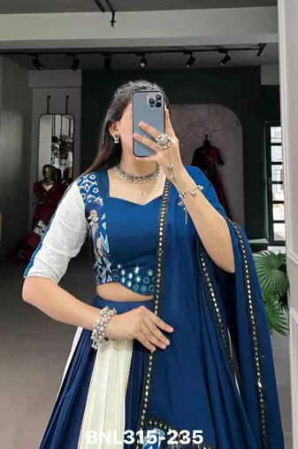 royal blue rayon printed lehenga choli