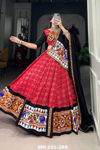 red rayon printed lehenga choli