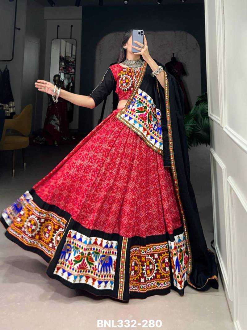 red rayon printed lehenga choli