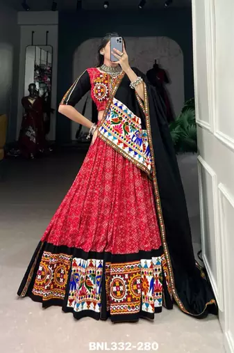 red rayon printed lehenga choli