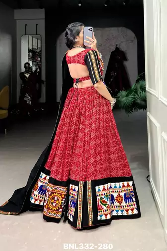 red rayon printed lehenga choli