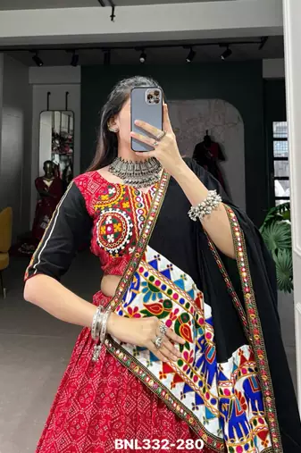 red rayon printed lehenga choli