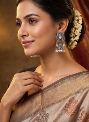 Oxidized silver antique square jhumka earrings with pearl drops 1