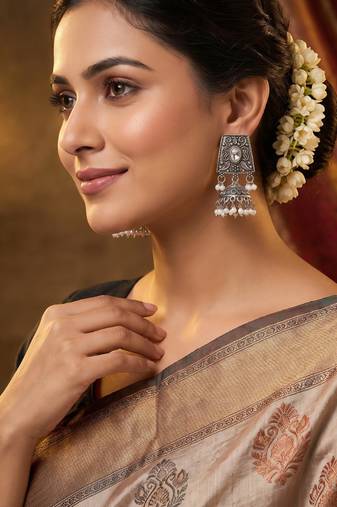 Oxidized silver antique square jhumka earrings with pearl drops