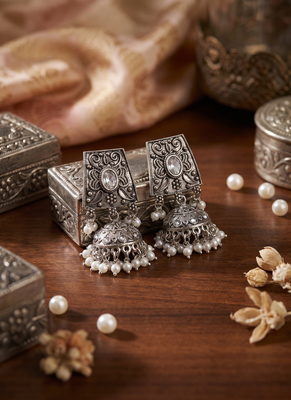 Oxidized silver antique square jhumka earrings with pearl drops 2