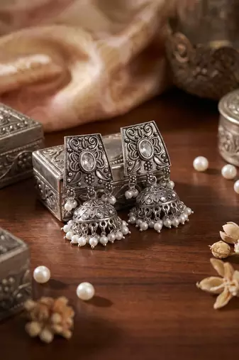 Oxidized silver antique square jhumka earrings with pearl drops