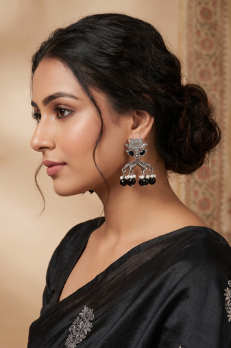 Oxidized silver lotus jhumka earrings with black beads & pearls