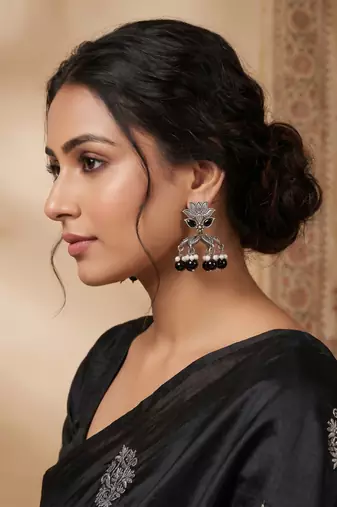 Oxidized silver lotus jhumka earrings with black beads & pearls