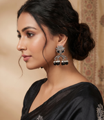 Oxidized silver lotus jhumka earrings with black beads & pearls