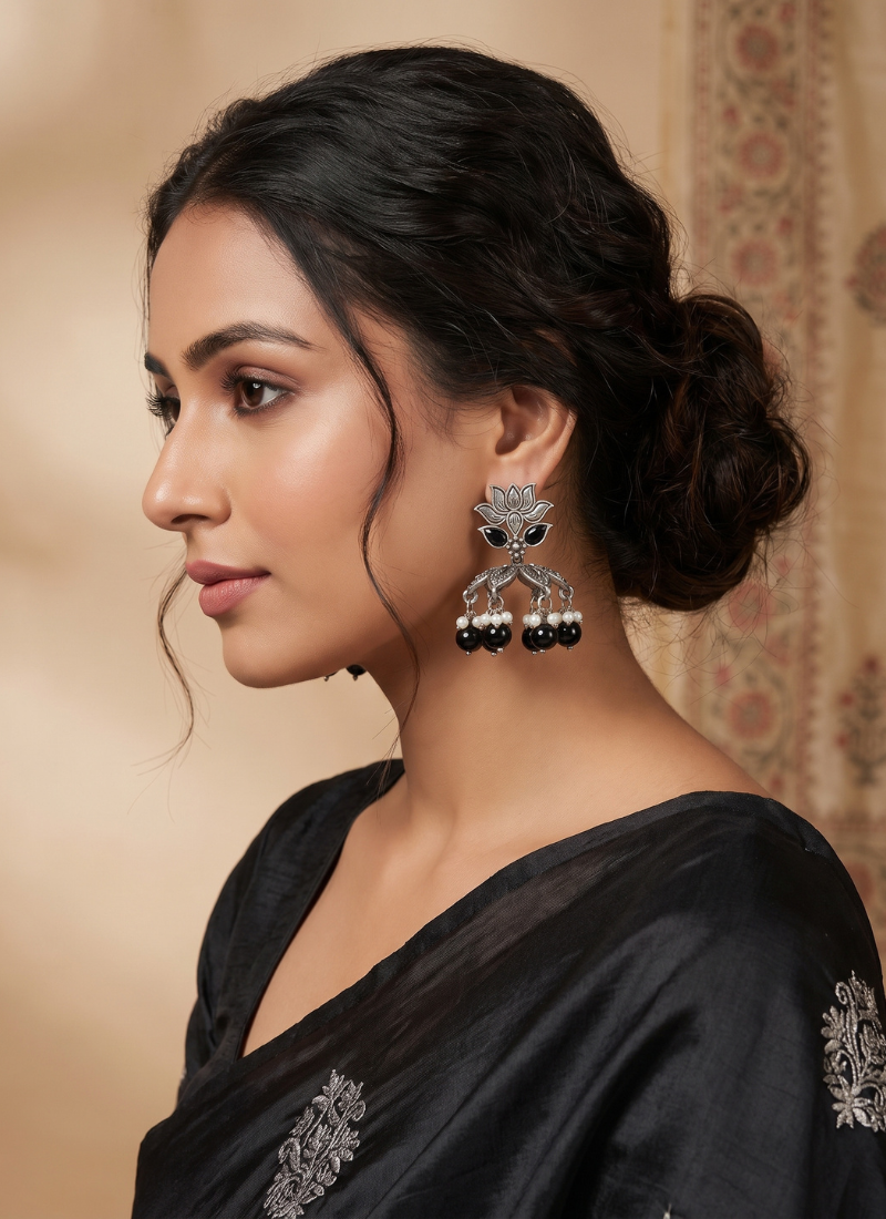 Oxidized silver lotus jhumka earrings with black beads & pearls
