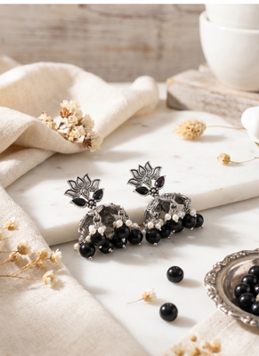 Oxidized silver lotus jhumka earrings with black beads & pearls 2