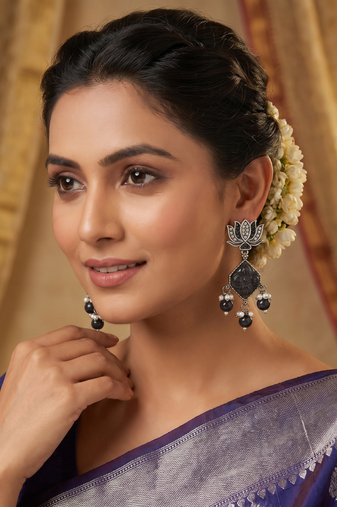 Oxidized silver lotus carved drop earrings with black beads & pearls