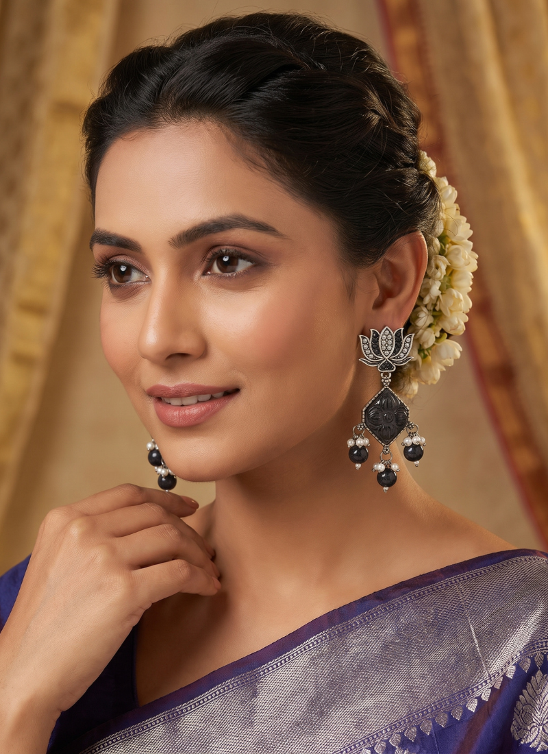 Oxidized silver lotus carved drop earrings with black beads & pearls