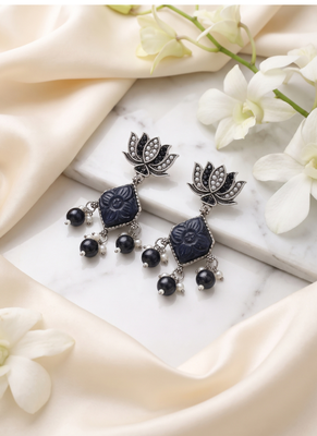 Oxidized silver lotus carved drop earrings with black beads & pearls 2