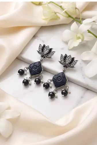 Oxidized silver lotus carved drop earrings with black beads & pearls