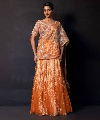 Saffron orange embroidered tissue drape saree set 1