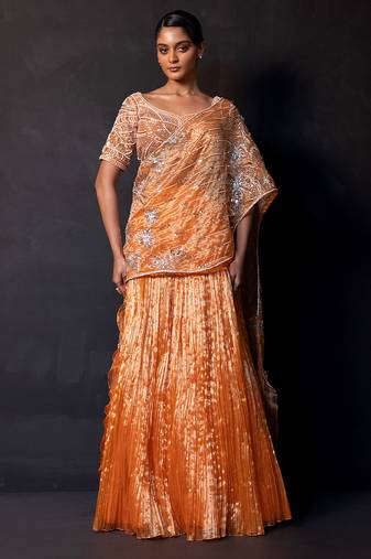 Saffron orange embroidered tissue drape saree set