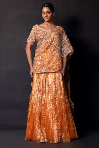 Saffron orange embroidered tissue drape saree set
