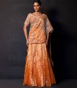Saffron orange embroidered tissue drape saree set