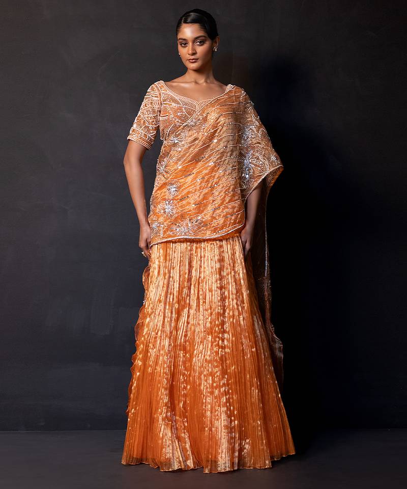 Saffron orange embroidered tissue drape saree set