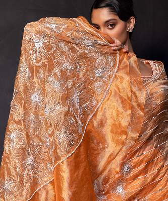 Saffron orange embroidered tissue drape saree set 2