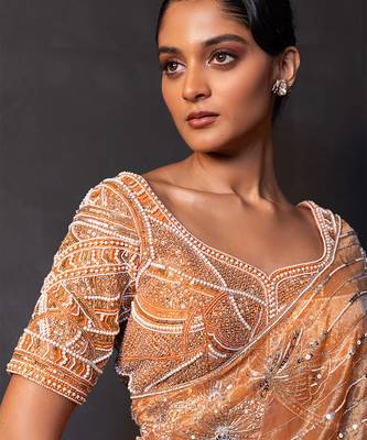 Saffron orange embroidered tissue drape saree set 3