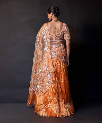 Saffron orange embroidered tissue drape saree set 4