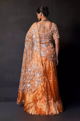 Saffron orange embroidered tissue drape saree set