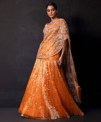 Saffron orange embroidered tissue drape saree set 5