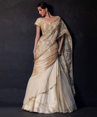 Champagne gold embroidered tissue drape saree set 1