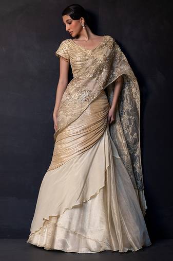 Champagne gold embroidered tissue drape saree set