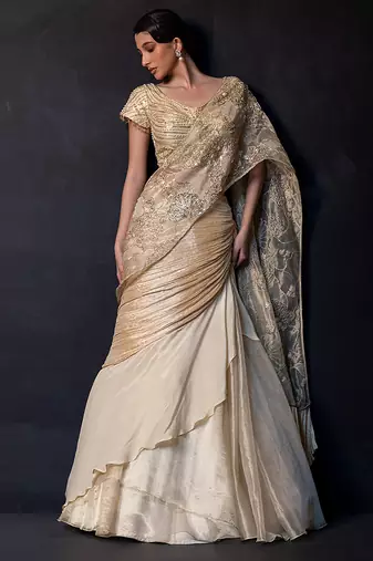 Champagne gold embroidered tissue drape saree set