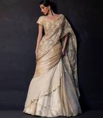 Champagne gold embroidered tissue drape saree set