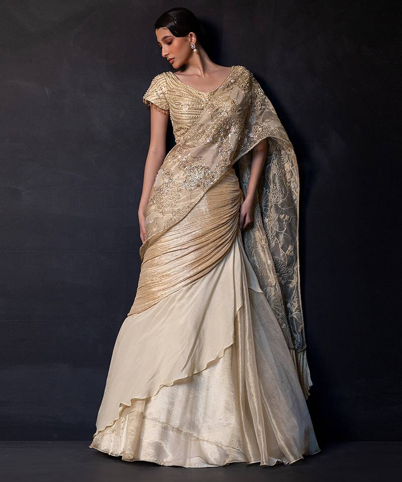 Champagne gold embroidered tissue drape saree set
