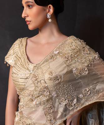 Champagne gold embroidered tissue drape saree set 2
