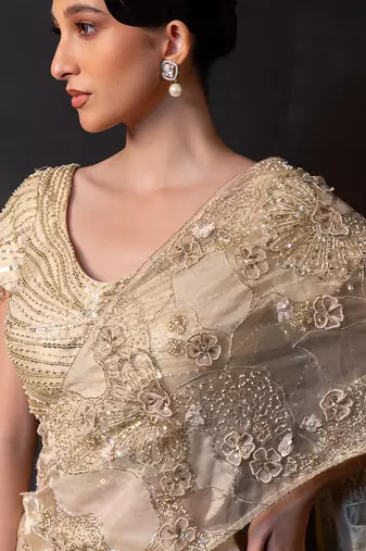Champagne gold embroidered tissue drape saree set