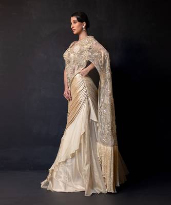 Champagne gold embroidered tissue drape saree set 3