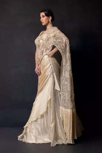 Champagne gold embroidered tissue drape saree set