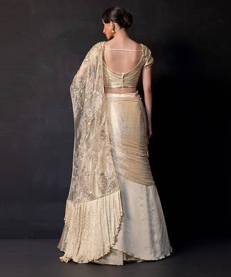 Champagne gold embroidered tissue drape saree set 4