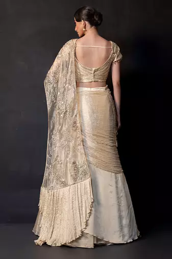 Champagne gold embroidered tissue drape saree set