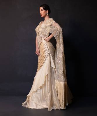 Champagne gold embroidered tissue drape saree set 5
