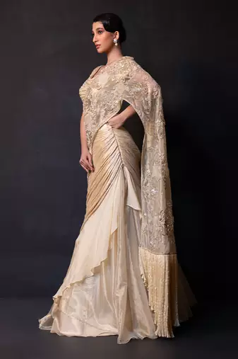 Champagne gold embroidered tissue drape saree set