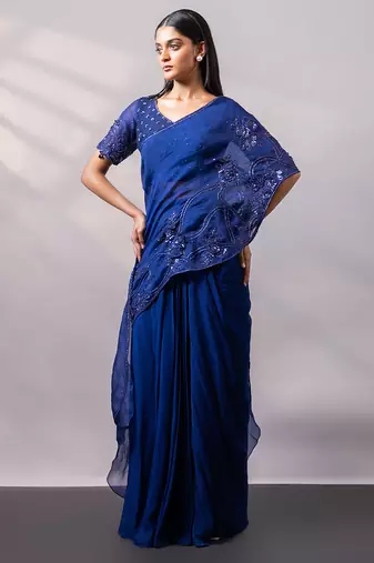 Sapphire blue embroidered organza drape saree set