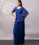 Sapphire blue embroidered organza drape saree set
