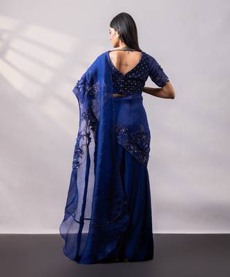 Sapphire blue embroidered organza drape saree set 2