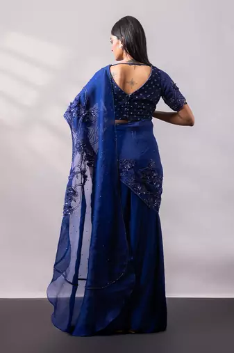 Sapphire blue embroidered organza drape saree set