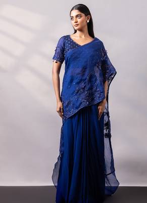 Sapphire blue embroidered organza drape saree set 3
