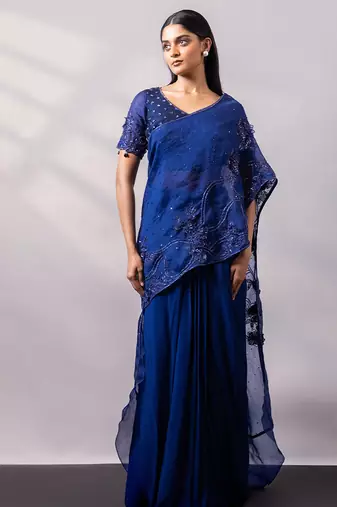 Sapphire blue embroidered organza drape saree set