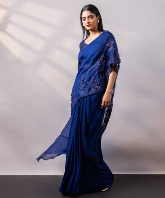Sapphire blue embroidered organza drape saree set 4