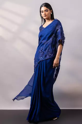 Sapphire blue embroidered organza drape saree set